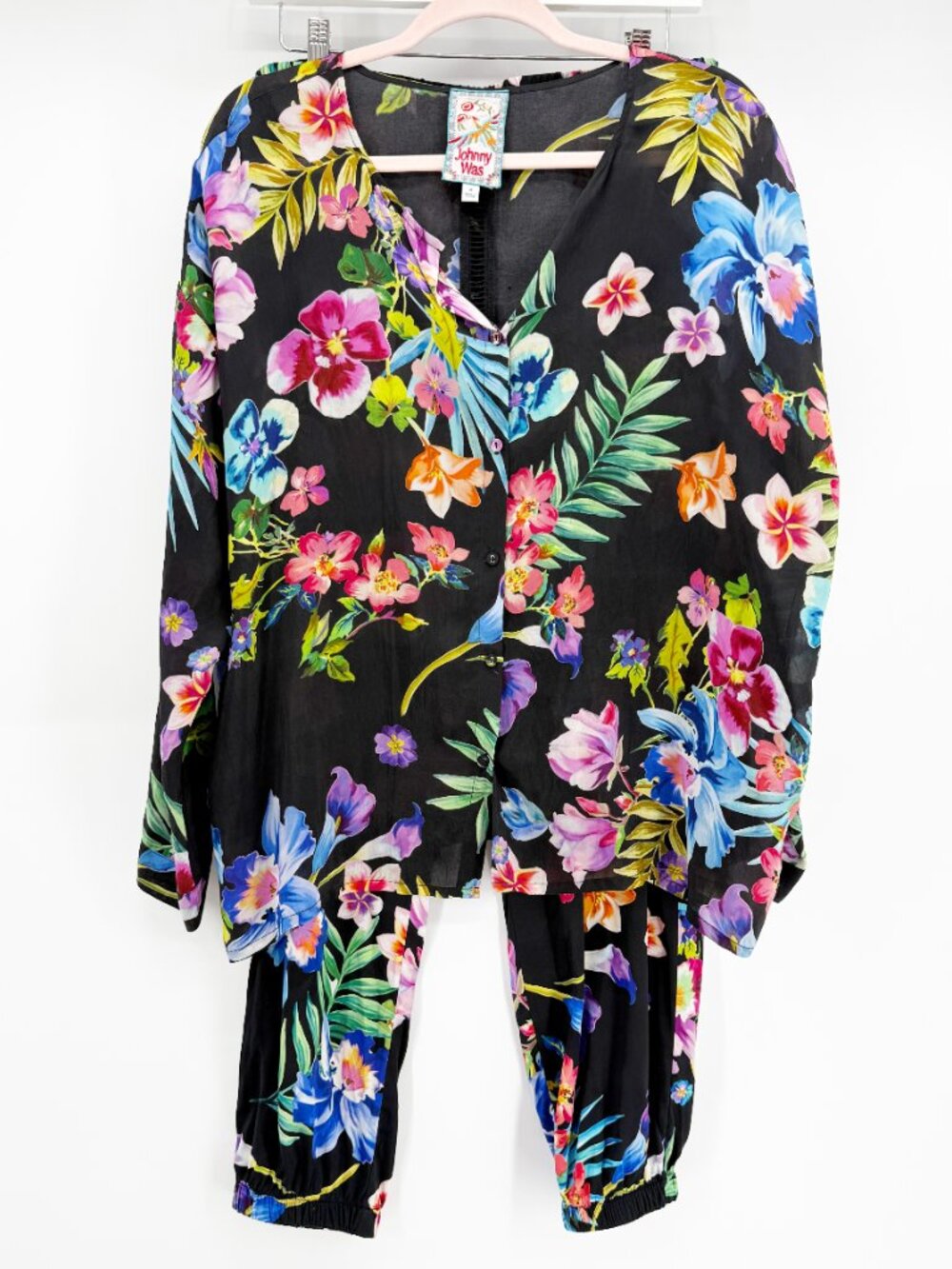Johnny Was Silk Aruba Genvieve Jogger Pants Black Floral Tropical L - Picture 10 of 11